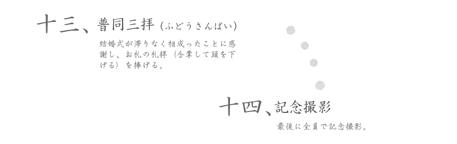 13-普同三拝（ふどうさんぱい）結婚式が滞りなく相成ったことに感謝し、お礼の礼拝（合掌して頭を下げる）を捧げる。14-記念撮影 最後に全員で記念撮影。